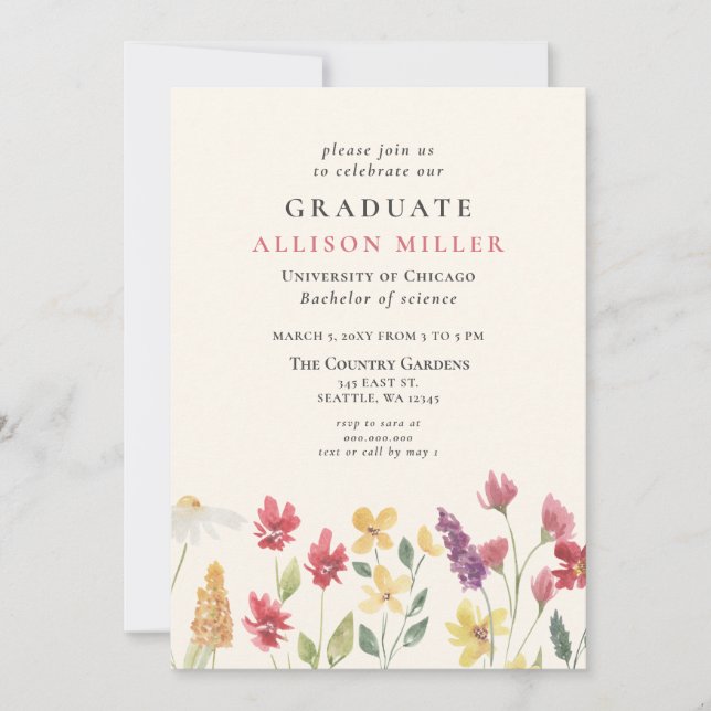 Rustic Watercolor Boho Wildflowers Graduation Invitation (Front)