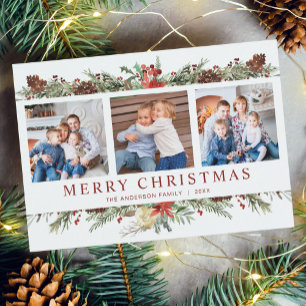 Rustic Watercolor Botanical Christmas 3 Photo Holiday Card