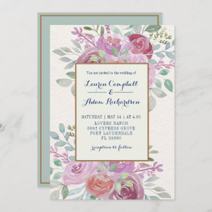 Rustic Watercolor Burgundy &  Pink Rose Wedding Invitation