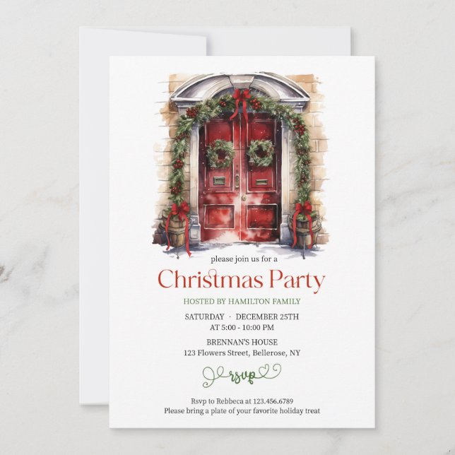 Rustic watercolor burgundy red wooden door invitation (Front)