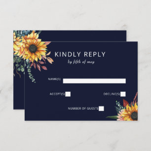 Rustic Watercolor Burgundy Sunflowers Fall Wedding RSVP Card