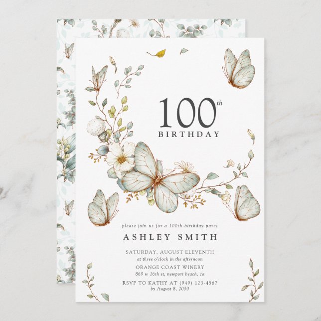 Rustic Watercolor Butterfly 100th Birthday Party Invitation (Front/Back)