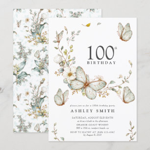 Rustic Watercolor Butterfly 100th Birthday Party Invitation