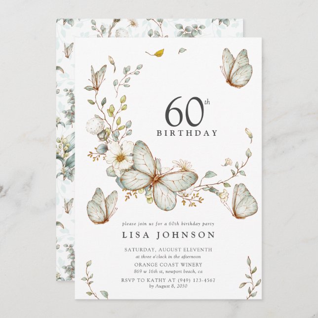 Rustic Watercolor Butterfly 60th Birthday Party Invitation (Front/Back)
