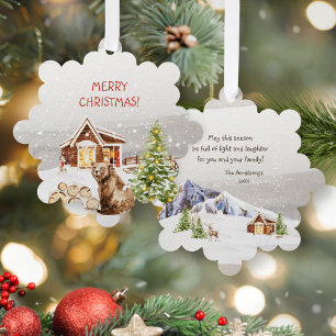 Rustic Watercolor Cabin Bear Keepsake Christmas Tree Decoration Card
