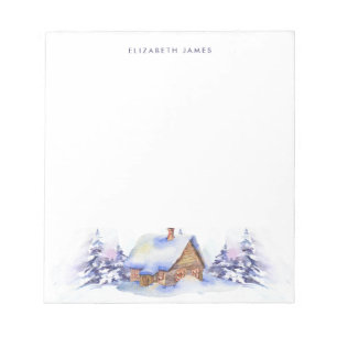 Rustic Watercolor Cabin Blue Forest Personalised Notepad