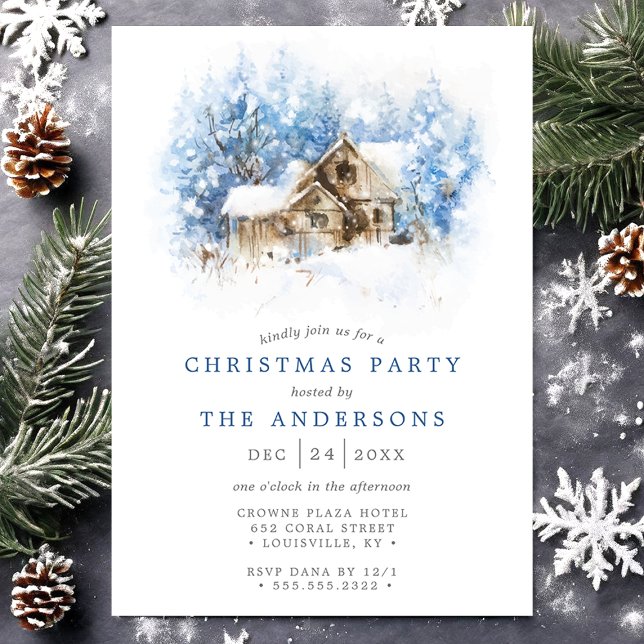 Rustic Watercolor Cabin Country Christmas Party Invitation (Creator Uploaded)