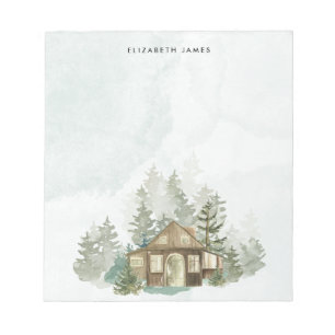 Rustic Watercolor Cabin Green Forest Personalised Notepad