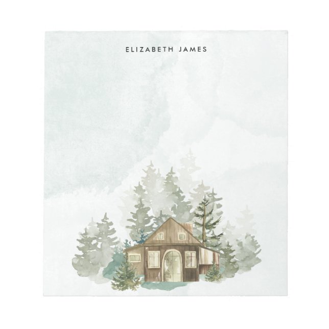 Rustic Watercolor Cabin Green Forest Personalised Notepad (Front)