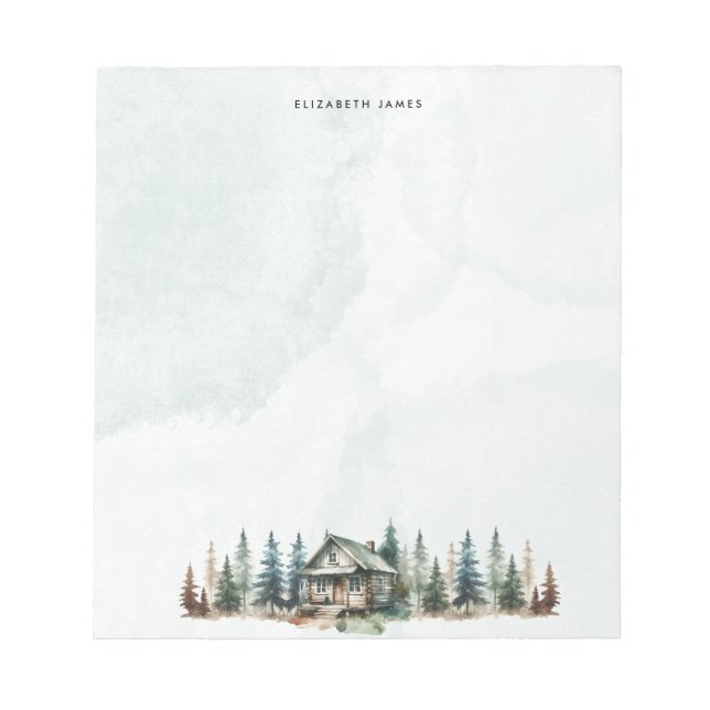 Rustic Watercolor Cabin Green Forest Personalised Notepad (Front)