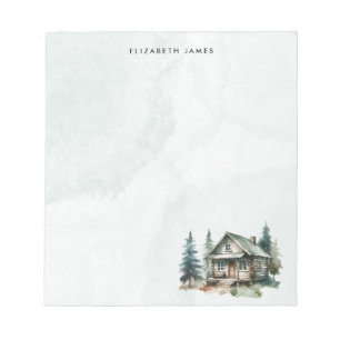Rustic Watercolor Cabin Green Forest Personalised Notepad