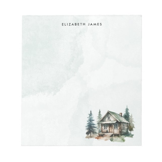 Rustic Watercolor Cabin Green Forest Personalised Notepad (Front)