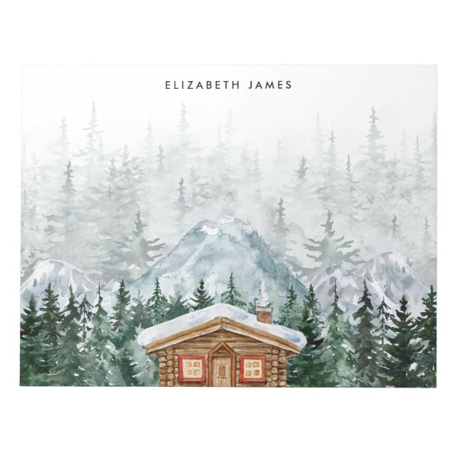 Rustic Watercolor Cabin Green Forest Personalised Notepad (Front)