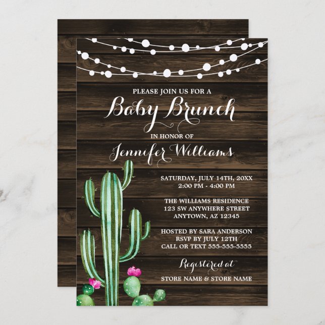 Rustic Watercolor Cactus Barn Wood Baby Brunch Invitation (Front/Back)