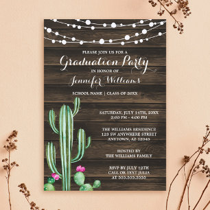 Rustic Watercolor Cactus Barn Wood Graduation Invitation