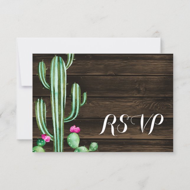 Rustic Watercolor Cactus Barn Wood RSVP (Front)