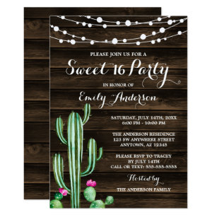 Rustic Watercolor Cactus Barn Wood Sweet 16 Invitation