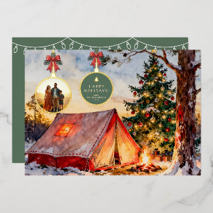 Rustic Watercolor Camping Christmas Ornament Photo Foil Holiday Card