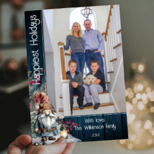 Rustic Watercolor Christmas Gnome Blue Photo Holiday Card