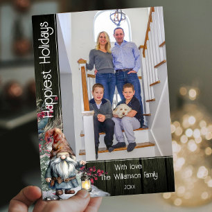 Rustic Watercolor Christmas Gnome   Green Photo Holiday Card