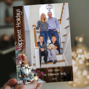 Rustic Watercolor Christmas Gnome Photo Holiday Card