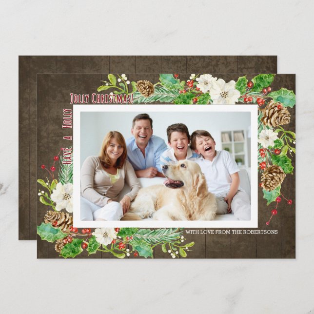 Rustic Watercolor Christmas Holly Jolly Floral Invitation (Front/Back)