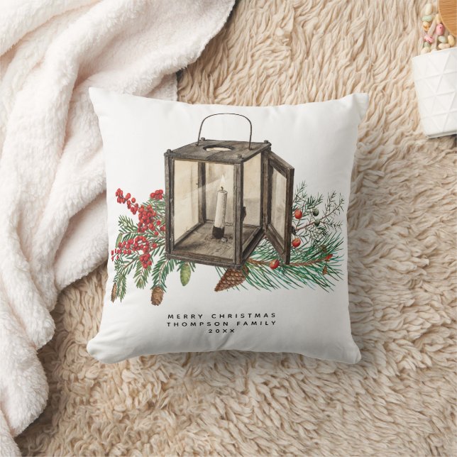 Rustic Watercolor Christmas Lantern Pine Berries Cushion (Blanket)