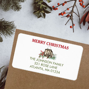 Rustic Watercolor Christmas Lantern Pine Berries Label