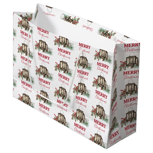 Rustic Watercolor Christmas Lantern Pine Berries Large Gift Bag (Front Angled)