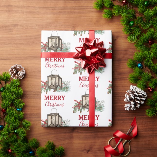 Rustic Watercolor Christmas Lantern Pine Berries Wrapping Paper (Holiday Gift)
