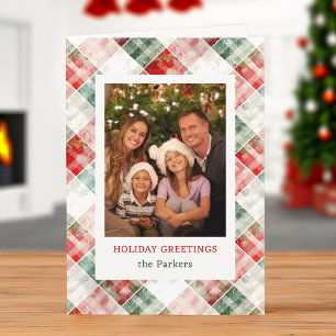 Rustic Watercolor Christmas Plaid Photo Holiday Card