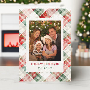 Rustic Watercolor Christmas Plaid Photo Holiday Card