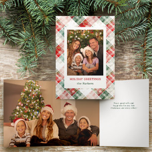 Rustic Watercolor Christmas Plaid Photo Tri-Fold Card