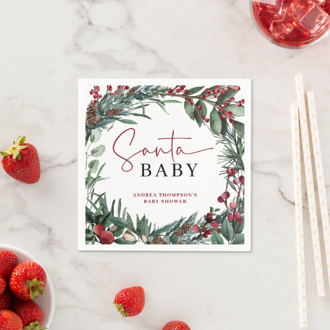 Rustic Watercolor Christmas Santa Baby Shower Napkin (Insitu)