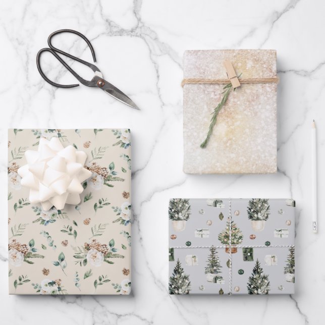 Rustic Watercolor Christmas Tree Floral Wrapping Paper Sheet (Front)
