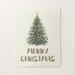 Rustic Watercolor Christmas Tree Xmas Holidays Jigsaw Puzzle
