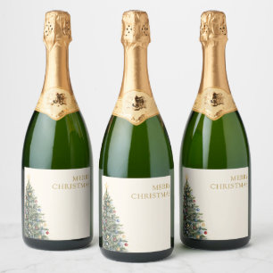 Rustic Watercolor Christmas Tree Xmas Holidays Sparkling Wine Label