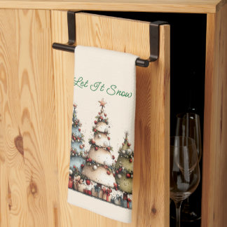 Rustic Watercolor Christmas Trees Let It Snow Tea Towel