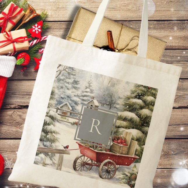 Rustic Watercolor Christmas Trees Monogram Tote Bag (Creator Uploaded)
