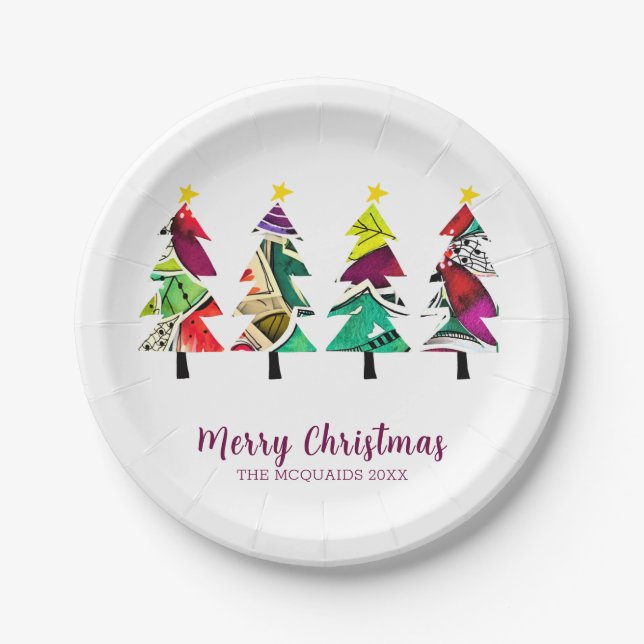  Rustic Watercolor Christmas Trees  Paper Plate (Front)