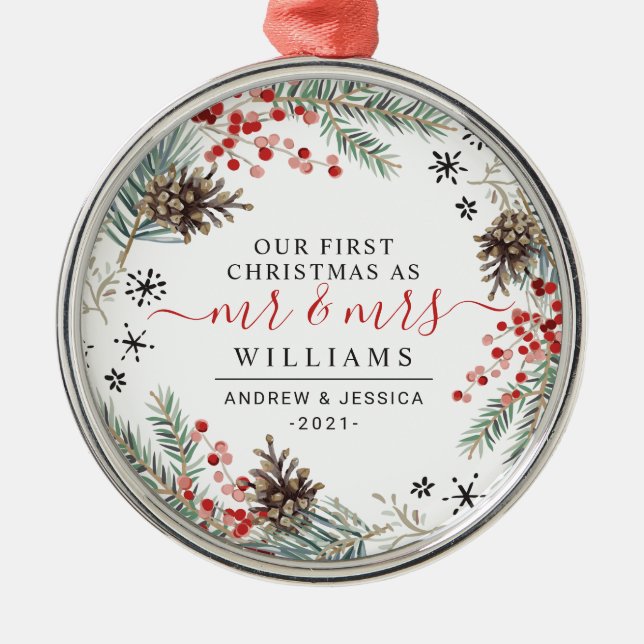 Rustic Watercolor Christmas Wreath | Mr. & Mrs. Metal Ornament (Front)