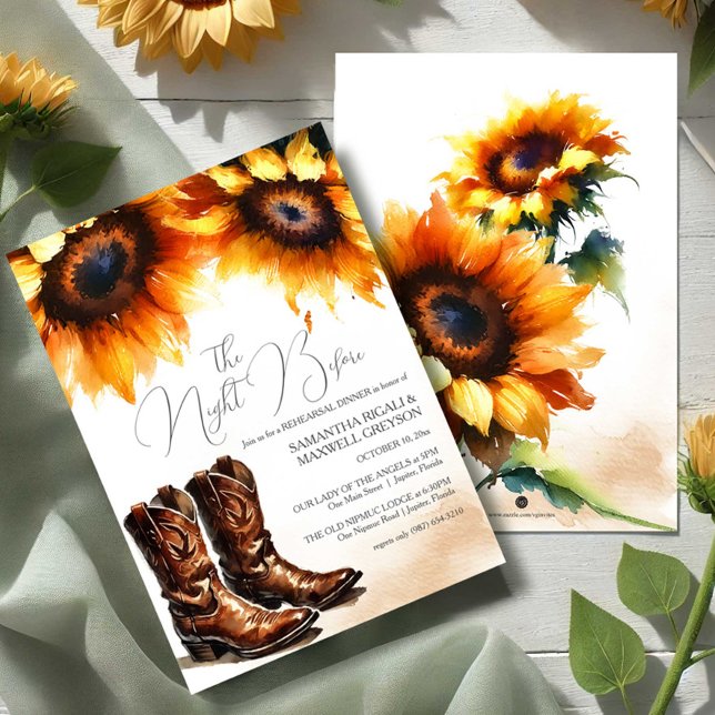 Rustic Watercolor Country Rehearsal Dinner Invitation (Country sunflower rehearsal dinner invitations with cowboy boots.)