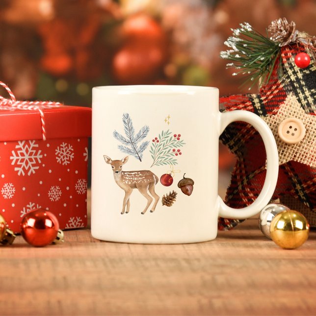Rustic Watercolor Deer and Botanicals Christmas Large Coffee Mug (Creator Uploaded)