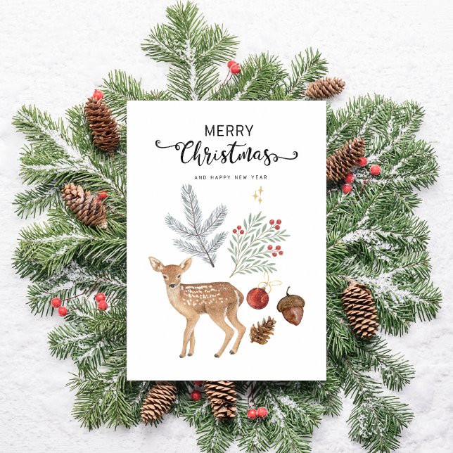 Rustic Watercolor Deer & Botanicals Christmas Holiday Card (Creator Uploaded)