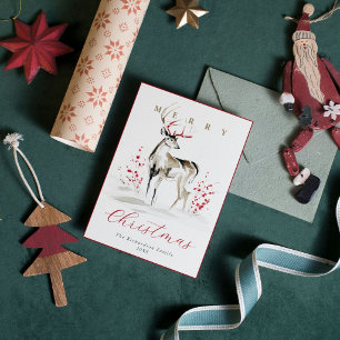 Rustic Watercolor Deer & Red Berries Christmas Holiday Card