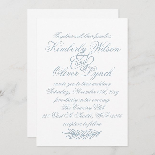 Rustic Watercolor Dusty Blue Nature Leafy Wedding  Invitation (Front/Back)