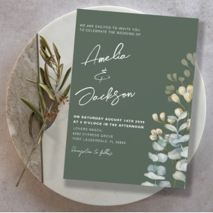 Rustic Watercolor Eucalyptus Dark Green Wedding  Invitation