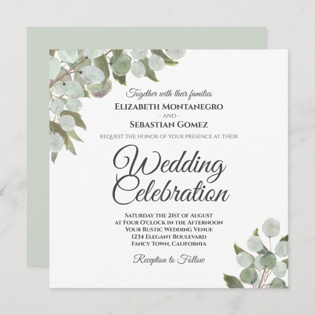 Rustic Watercolor Eucalyptus Elegant Wedding Invitation (Front/Back)
