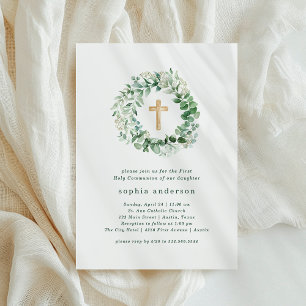 Rustic Watercolor Eucalyptus First Holy Communion Invitation