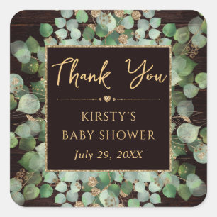 Rustic Watercolor Eucalyptus Foliage Baby Shower Square Sticker